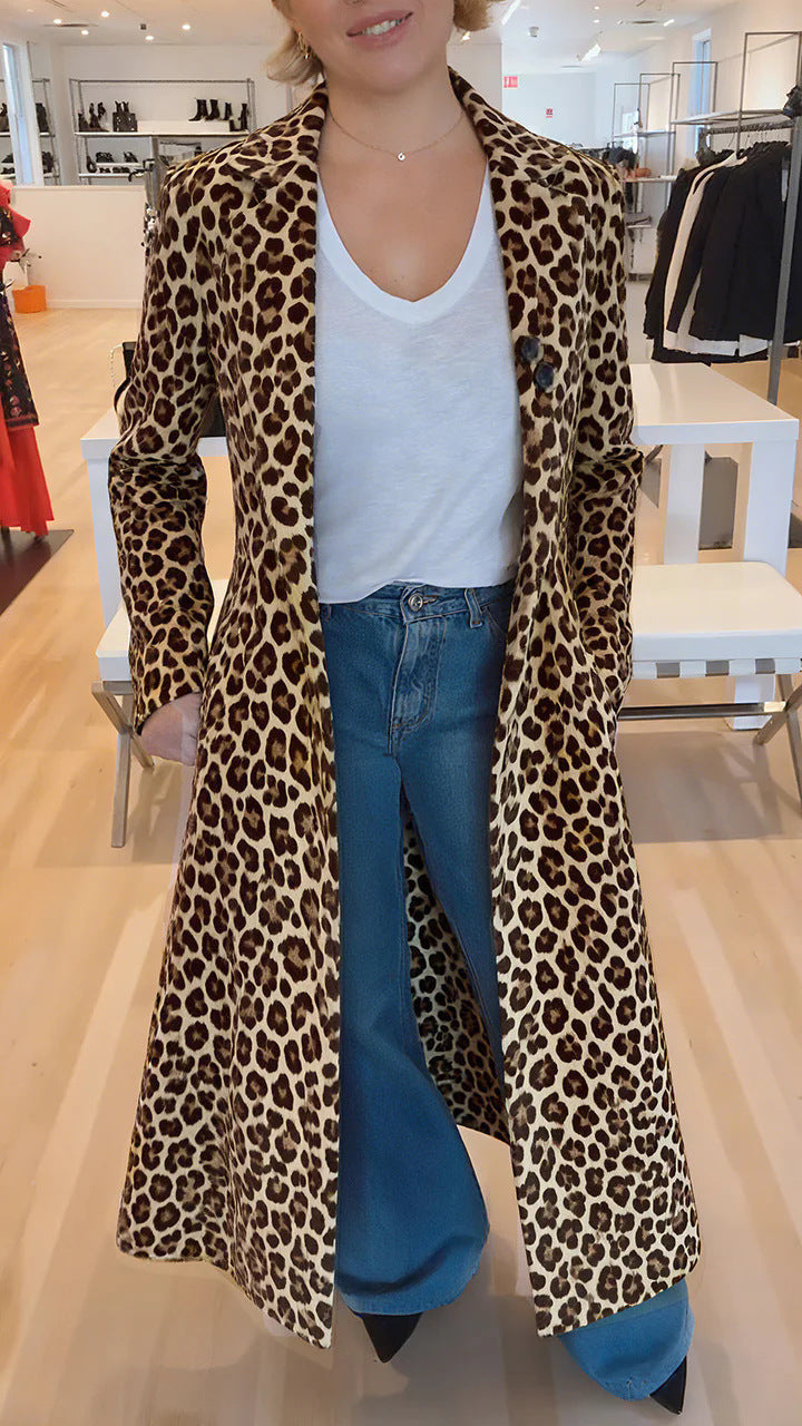 Women's Leopard Print Lapel Coat Casual Trench