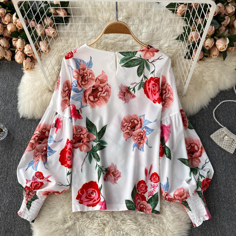 Retro Style White Puff Sleeve Blouse, Medium Length, Loose Fit