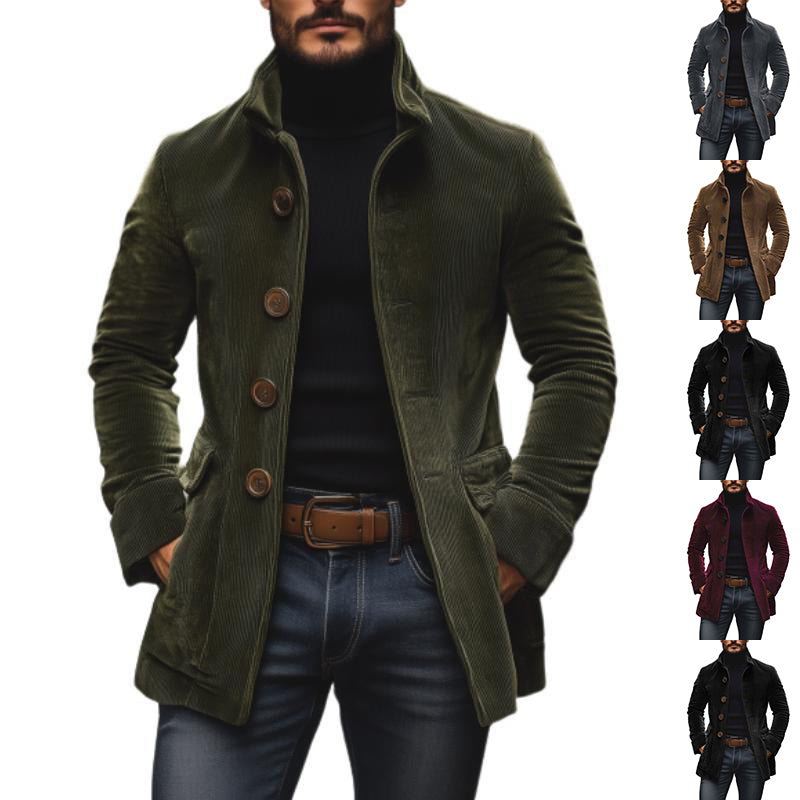 Men's Slim Fit Corduroy Winter Jacket Stand Collar Button-Up Coat