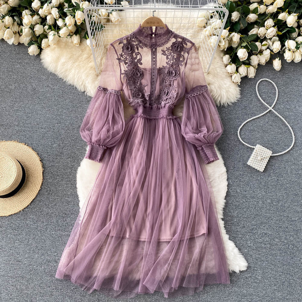 Mesh Stand Collar Lantern Sleeve High Waist Slimming Suspenders Dress