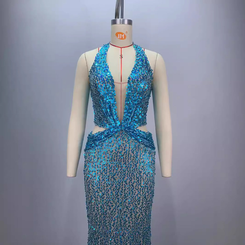 Sky Blue Halter Deep V-Neck Slimming Sequin Evening Dress S-L