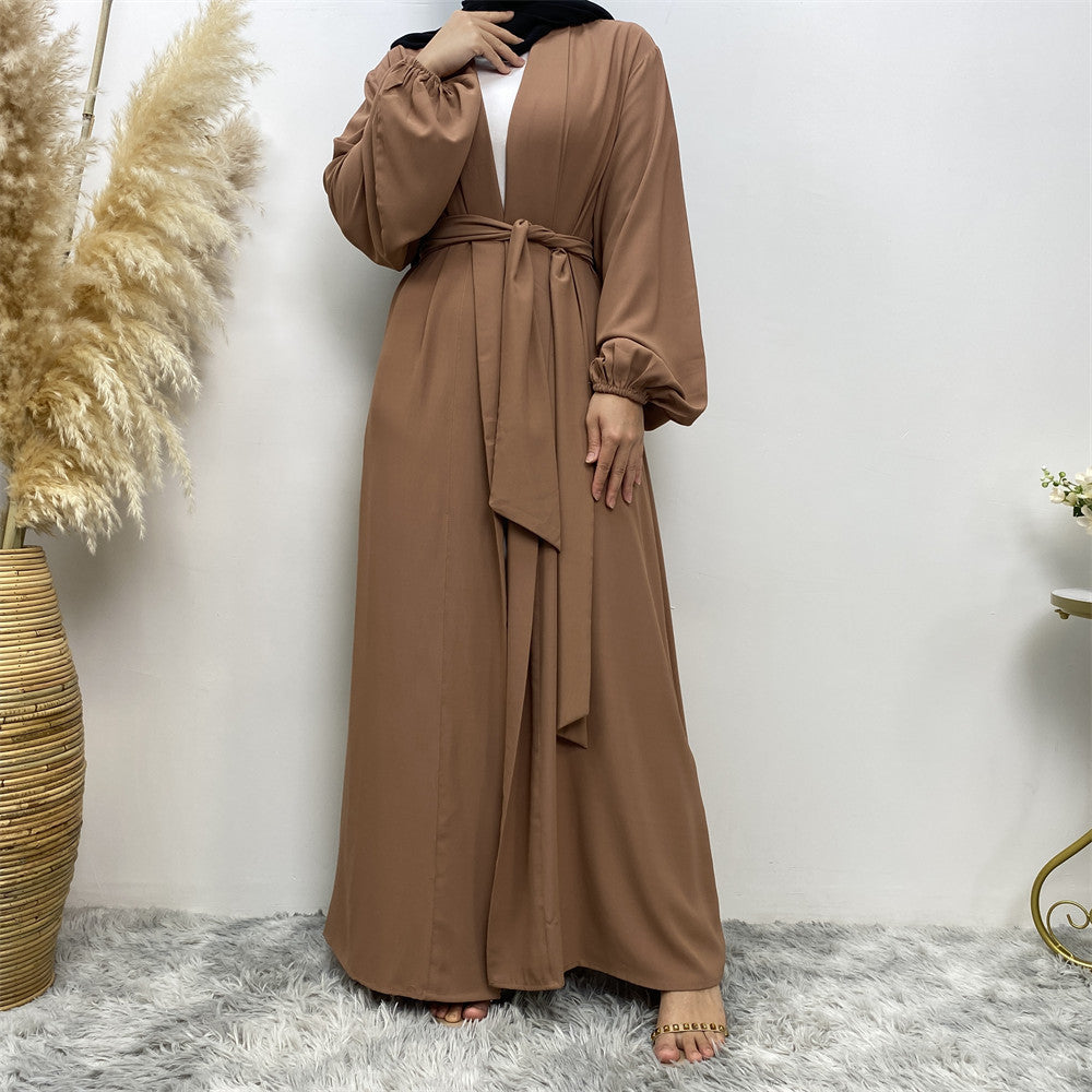 Lace-Up Cardigan Robe with Cuffs & Pockets for Middle Eastern Women