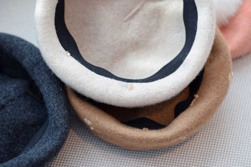 Women's Vintage Wool Dome Hat with Fox Fur Ball for Autumn Winter M 56-58cm