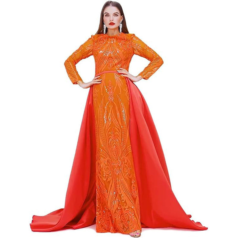 Robe de soirée longue traînante à manches longues pour femmes, disponible en plusieurs couleurs