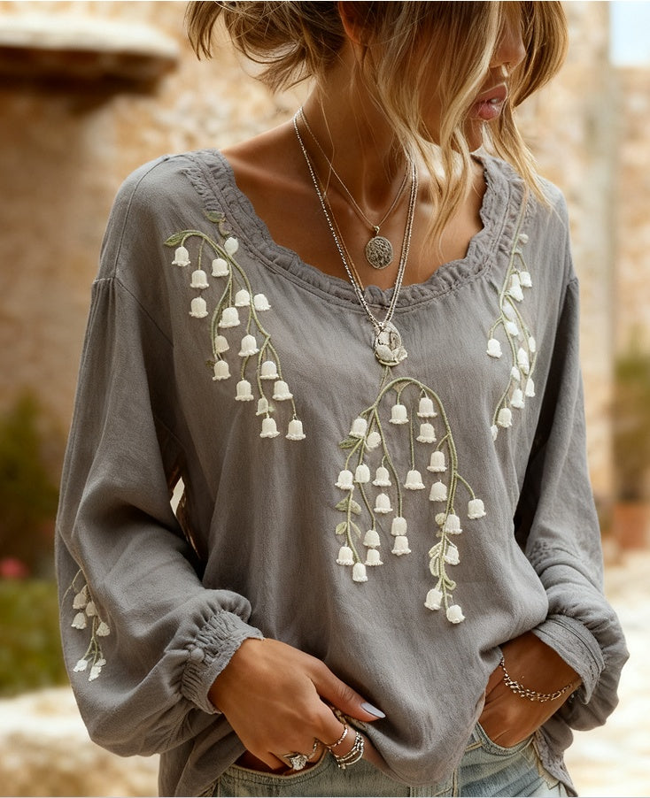 Women's Bohemian Style V-Neck Long Sleeve Shirt - Loose Printed Top