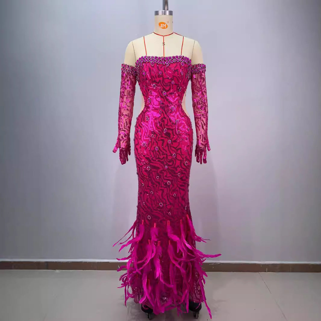 Robe de bal sirène amincissante en coton rouge rosé