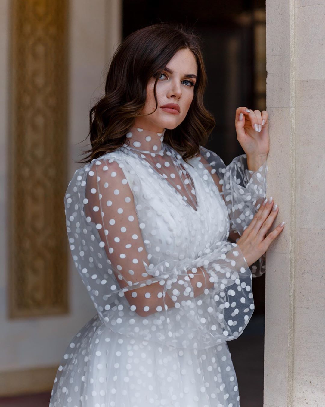Women’s White Polka Dot Mesh Puff Sleeve Dress