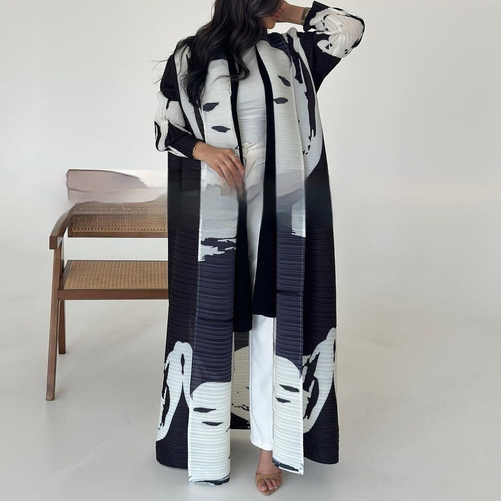 Pleated Trench Djellaba Printed Shawl Cardigan Ethnic Cloak Coat for Middle East Women