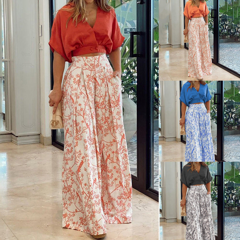 Casual Two-Piece Set Short Sleeve Top & Wide Leg Pants