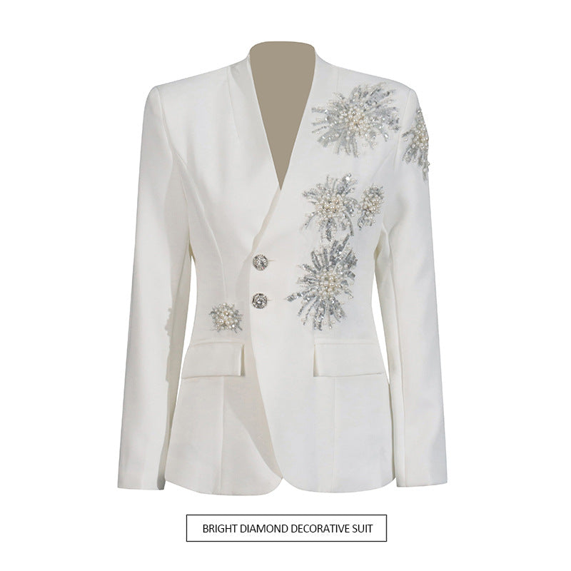 Rhinestone Solid Color Suit Coat for Women in Black & White