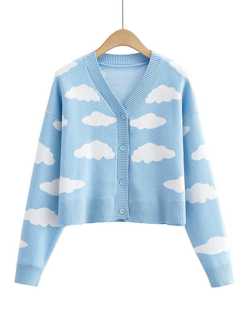 Autumn Girl Long Sleeve V-neck Cloud Pattern Cardigan Sweater