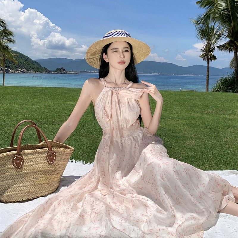 French Halter Lace-Up Sleeveless Off-Shoulder Floral Seaside Holiday Dress