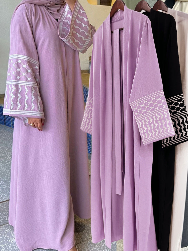 Machine Embroidery Lace-Up Pocket Cardigan Robe for Middle Eastern Women