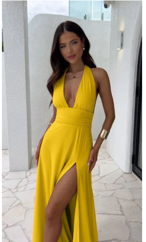 Robe d'été sexy dos nu à col halter et décolleté en V pour femme