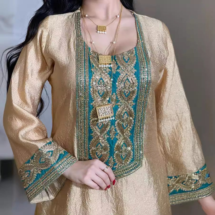 New Sequined Gold Silk Solid Color Long Sleeve Arab Dress Women