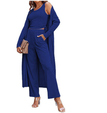 Women's Three Piece Casual Long-sleeved Cardigan Trousers Suit