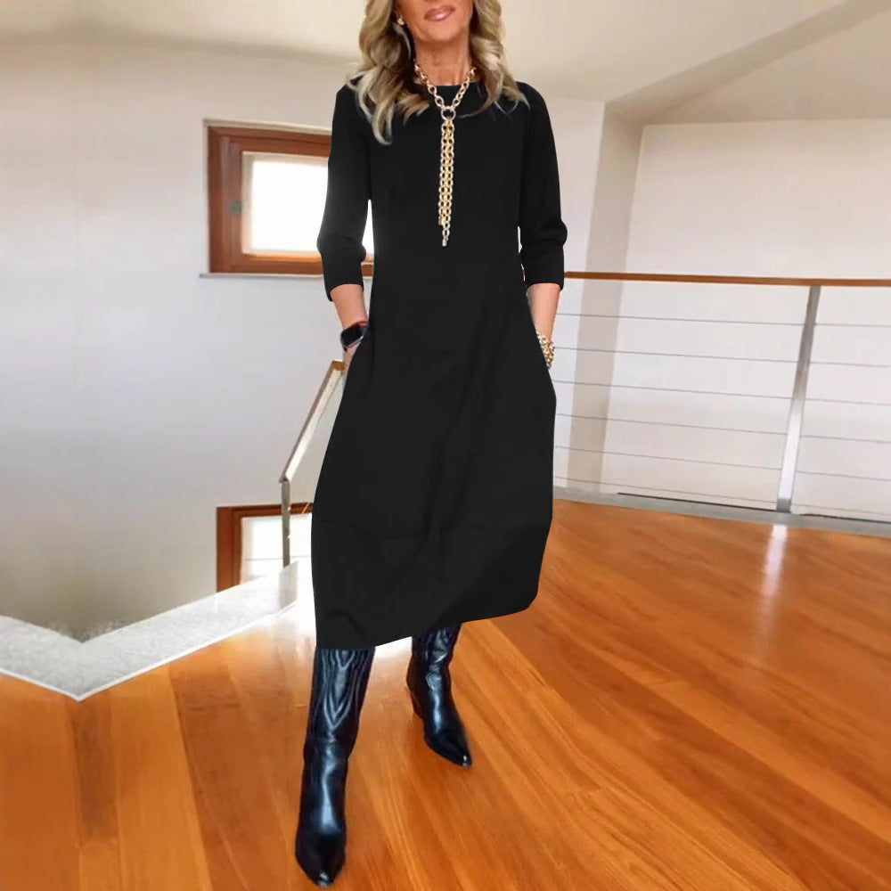 Robe unie ample à col rond et manches longues pour femme – Collection automne-hiver