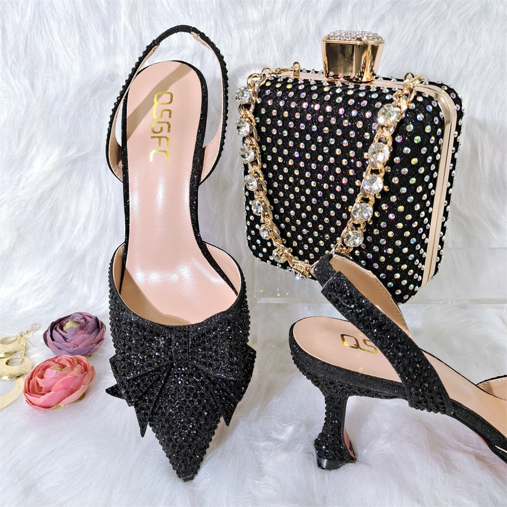 Pointy High Heel Sandals with Metal Diamond Chain Handbag Set
