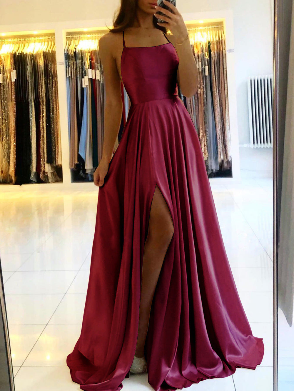 Long Slim Strap Backless Dress with High Slit for Dance and Hosting