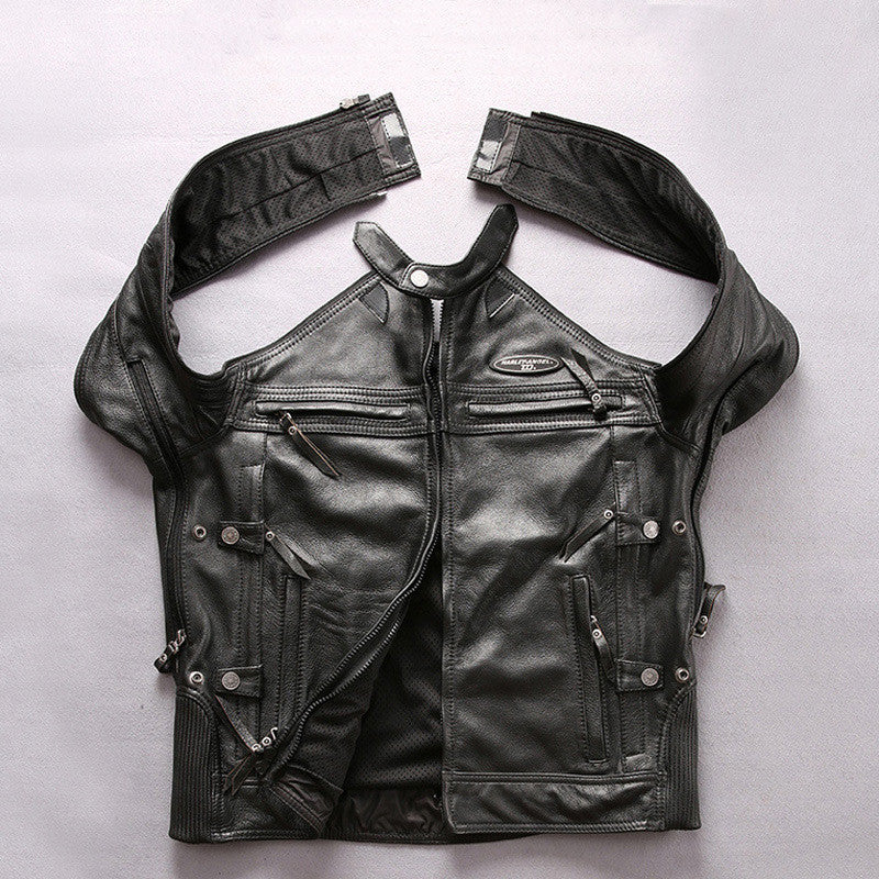 Blouson de moto slim fit en cuir de vachette véritable à col montant pour homme, couleur noire