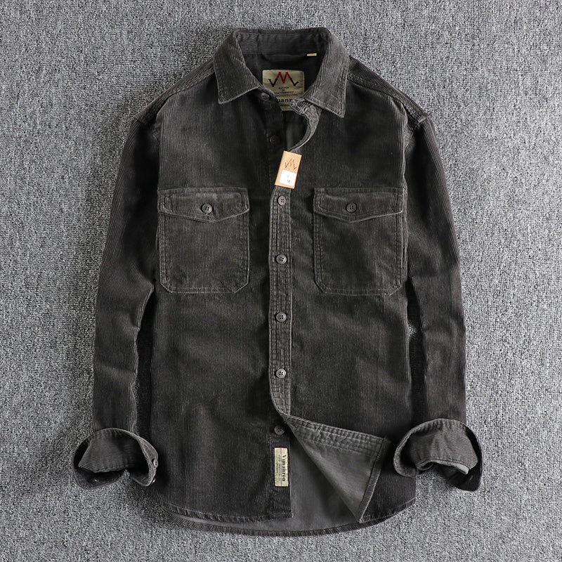 Retro Washed Wool Corduroy Long-Sleeve Shirt for Men in Multiple Colors