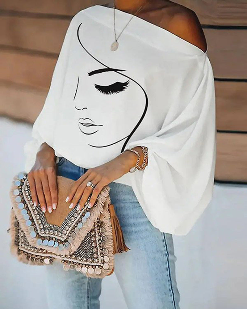 Summer Women's White Face Print Top with Princess Sleeves