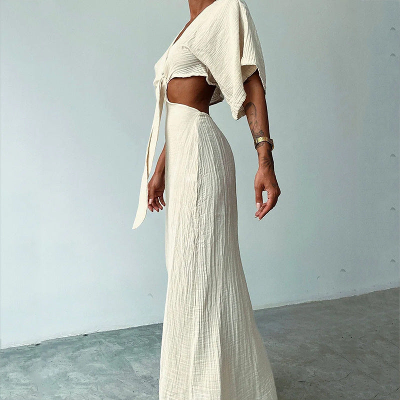 Women's Summer Slim Fit V-Neck Midriff Dress with Hollow Out Design