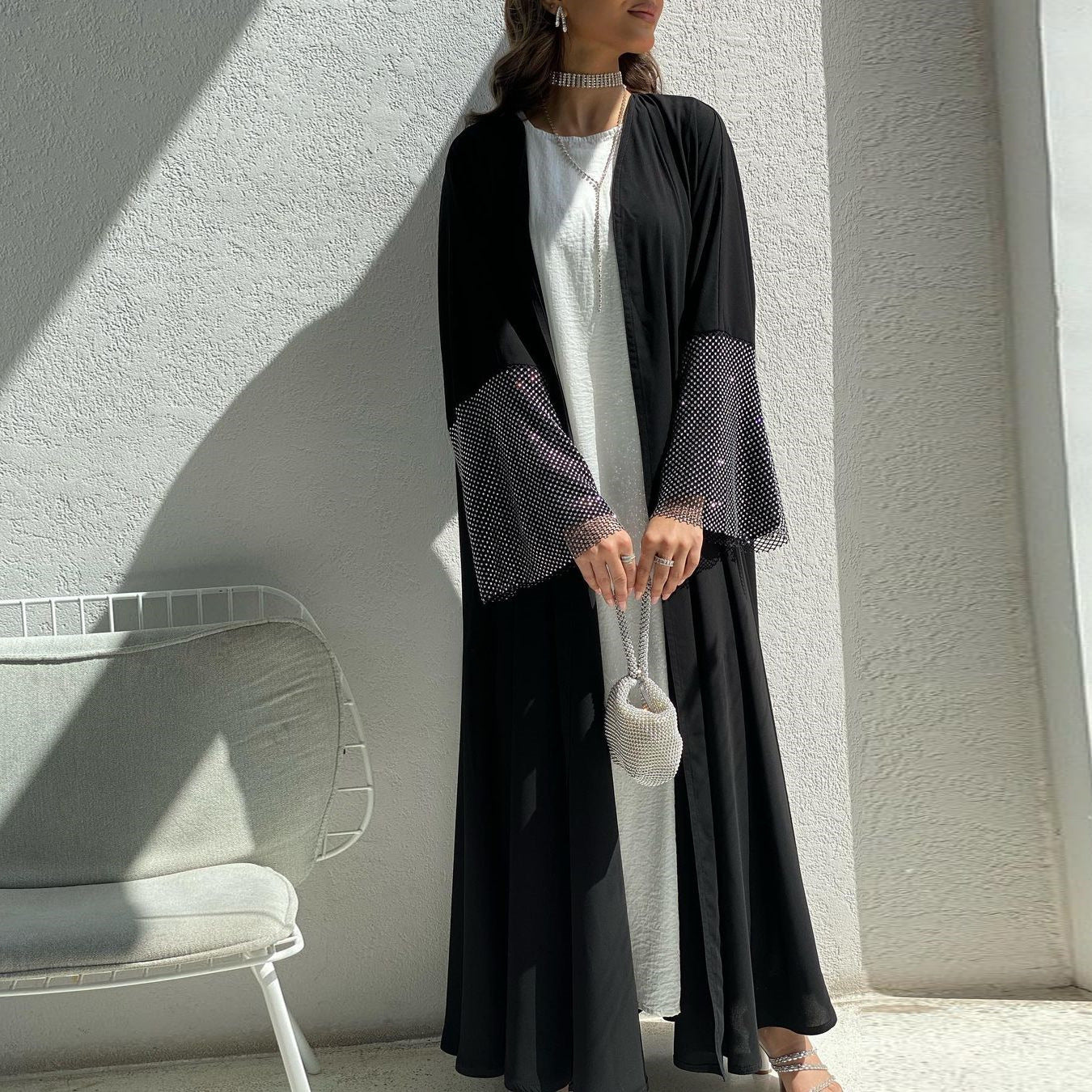 Cardigan Abaya Muslim Cross-border Stretch Diamond Mesh Robe