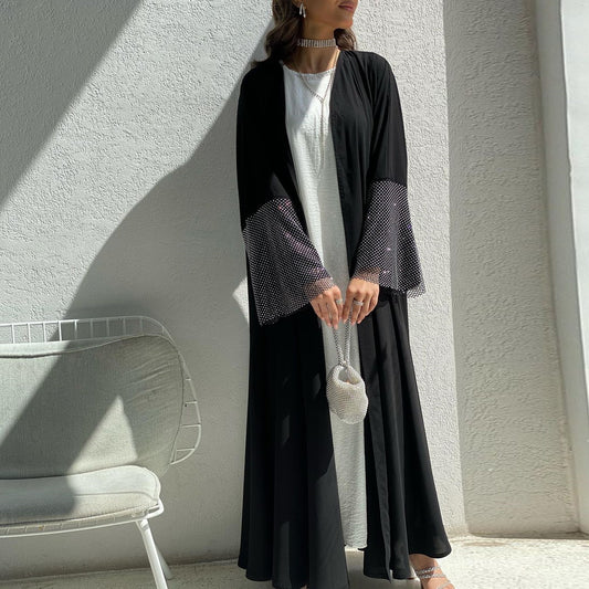 Cardigan Abaya Muslim Cross-border Stretch Diamond Mesh Robe