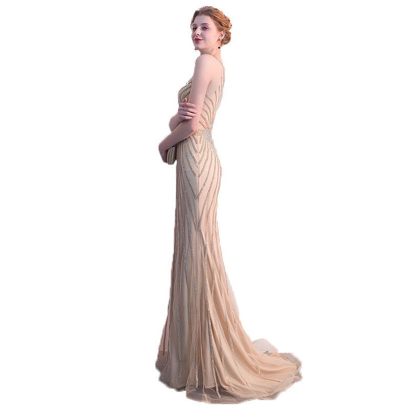 Champagne Goldfish Tail Banquet Evening Dress