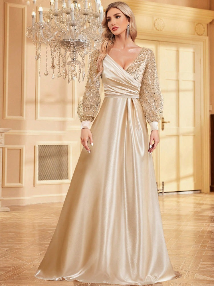 V-Neck Long-Sleeve Slim Fishtail Sequin Dress for Banquet
