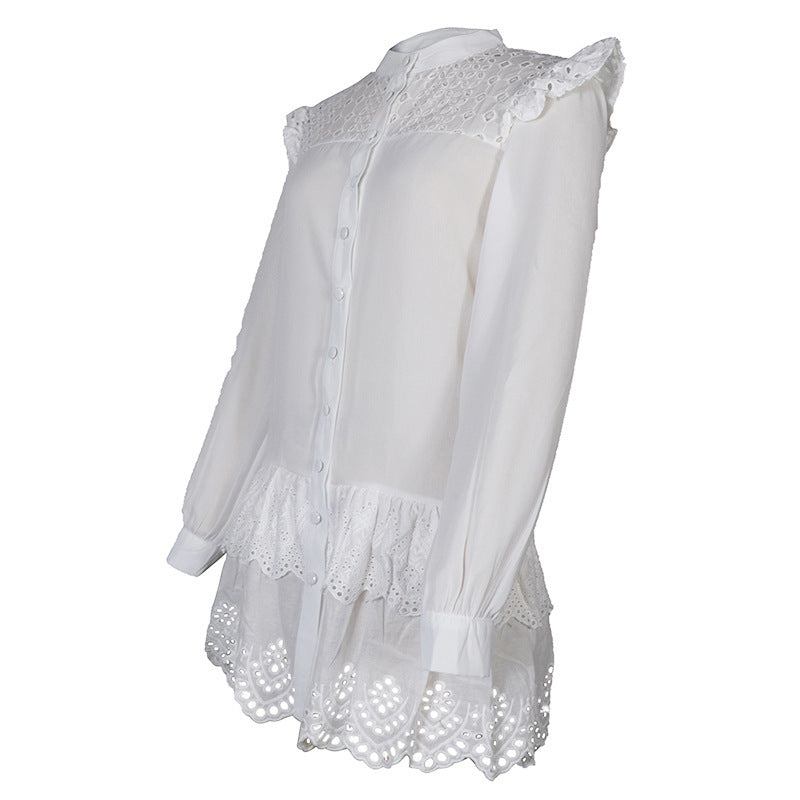 Women's Hollowed-Out Lace A-Line Shirt Dress in White & Black