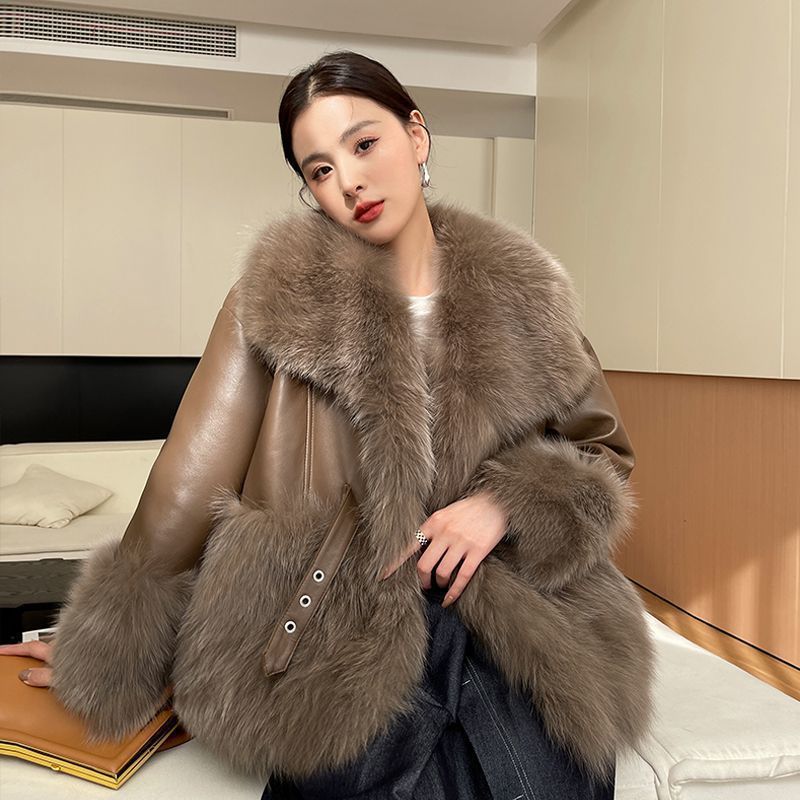 Women’s Faux Fur Coat with Big Fur Collar in Beige & Cocoa, Sizes S-XL