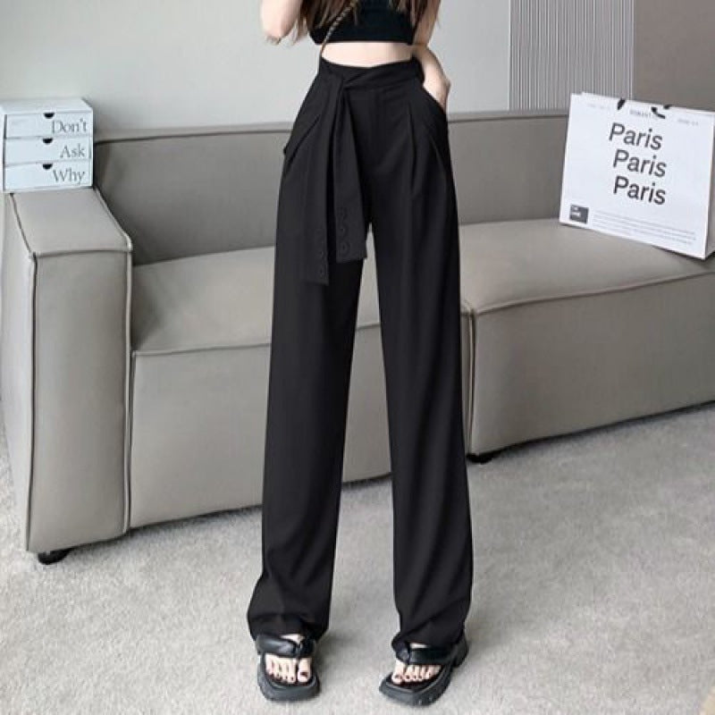 Gray Cotton Wide Leg Suit Pants for Women Lace-Up Drape