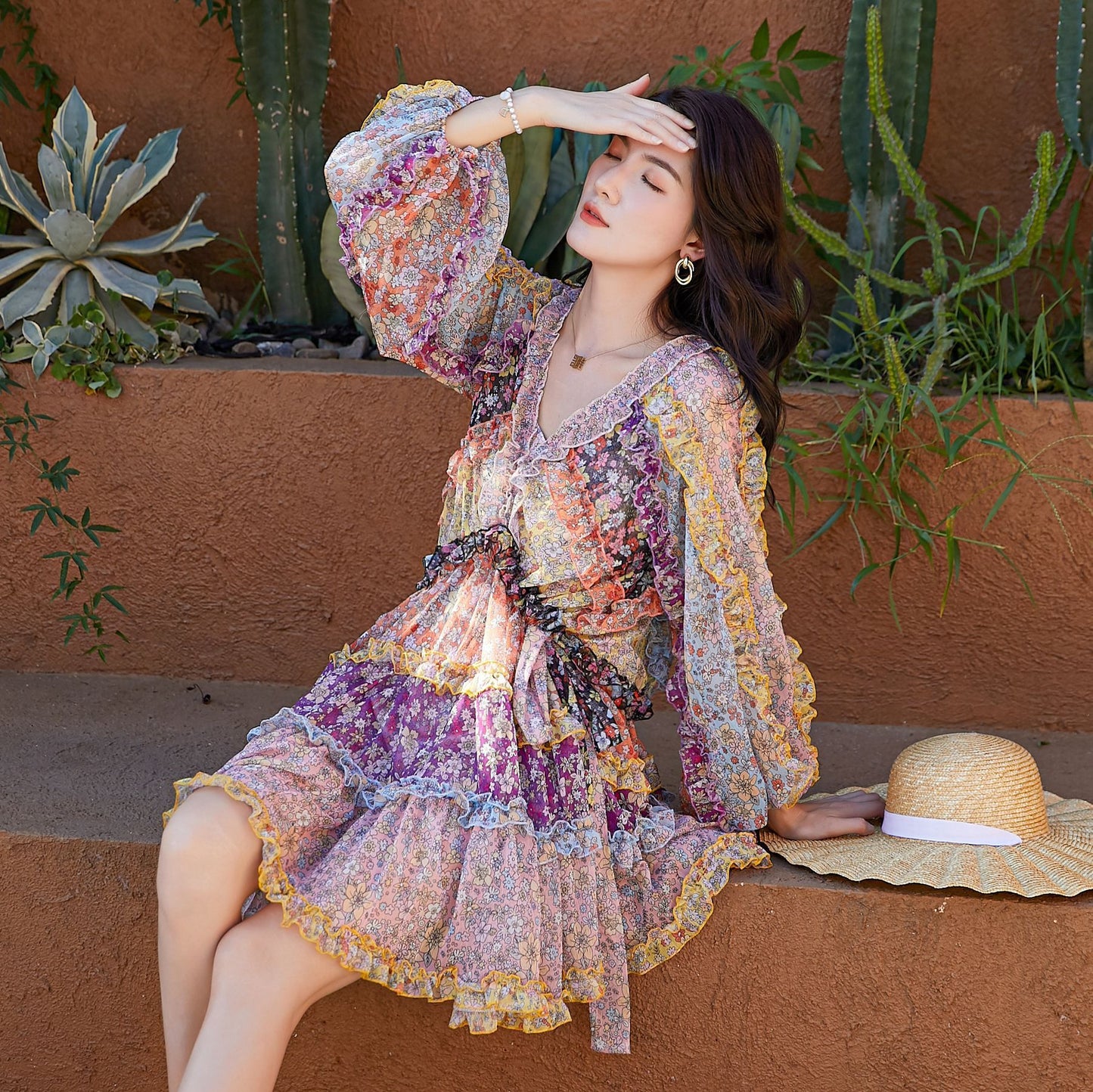 Contrasting Print Floral Panel Long Sleeve Nipped Waist Lantern Sleeve Dress