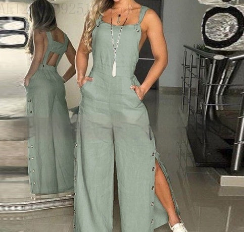 Women's Sleeveless Solid Color Wide Leg Jumpsuit with Side Pockets and Buckle