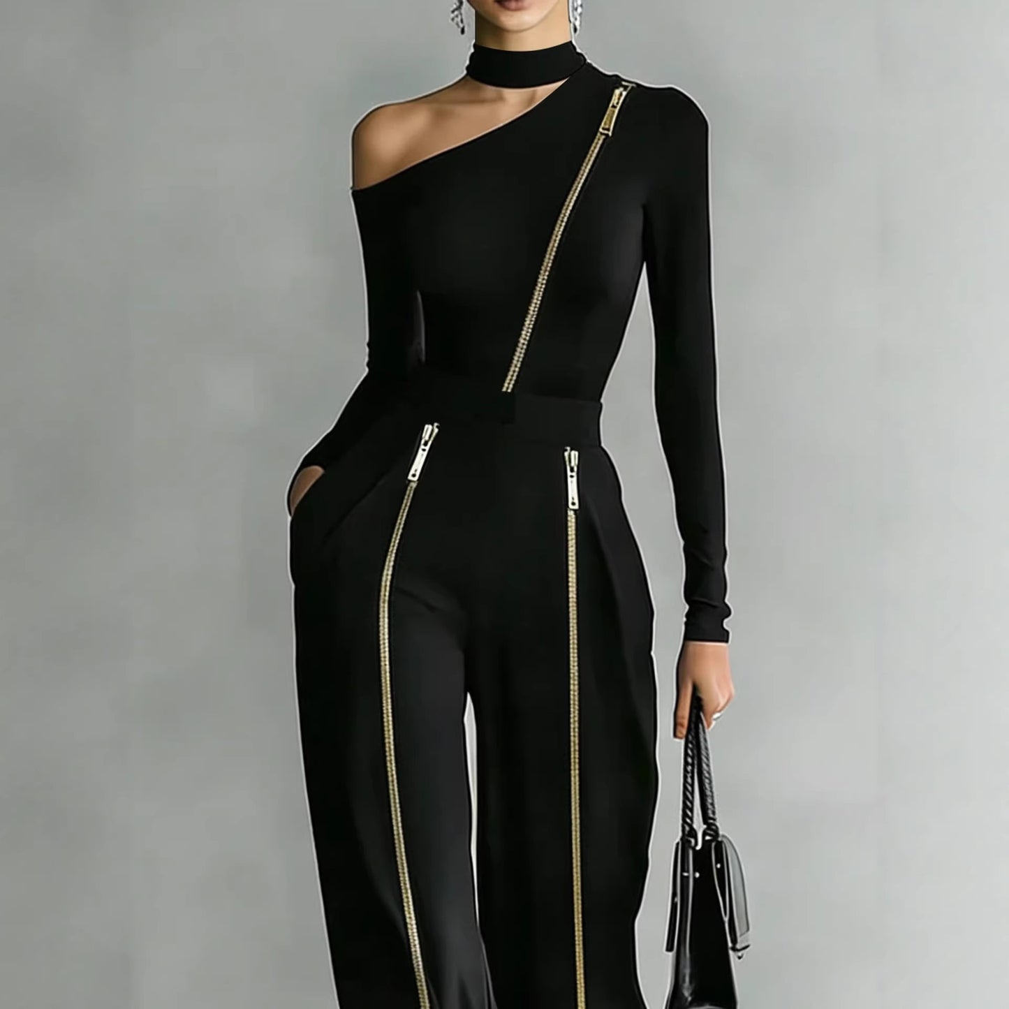 طقم بنطال واسع الساقين، بياقة دائرية وأكمام طويلة، مصنوع من قماش محبوك، مزود بسحاب ثنائي الاتجاه.