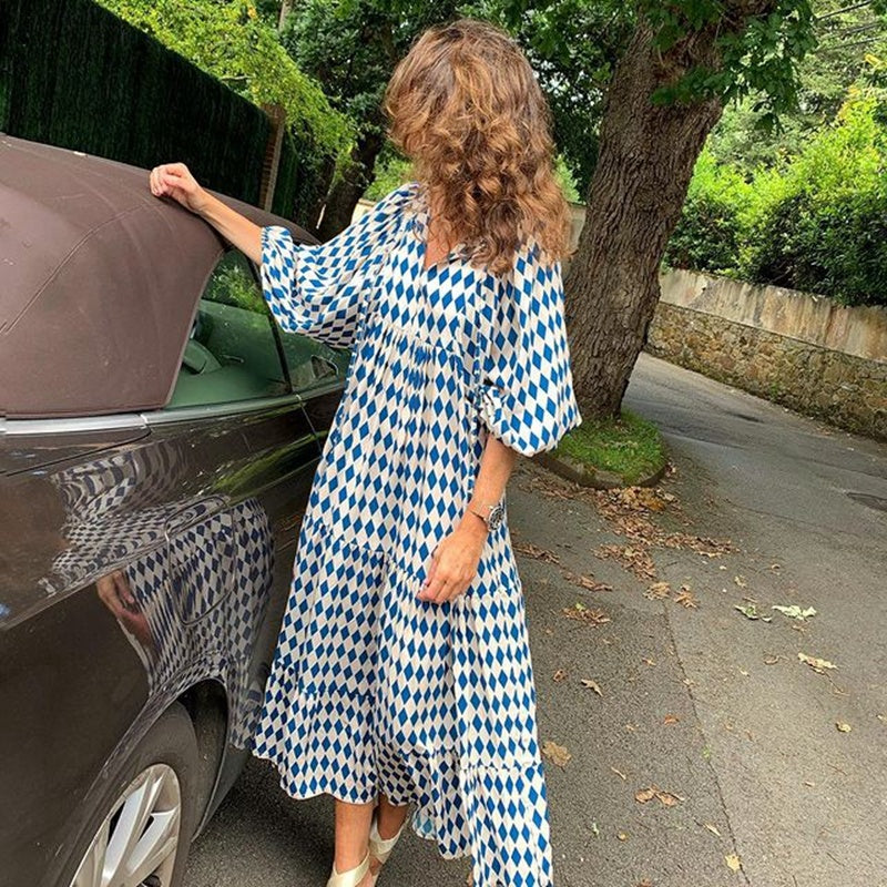 Summer Women's Vintage Bohemian Printed V-Neck Loose Long Dress Polyester