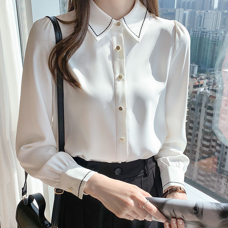 Haut de sous-vêtement en mousseline blanche à manches longues pour femmes – Chemise formelle printemps et automne