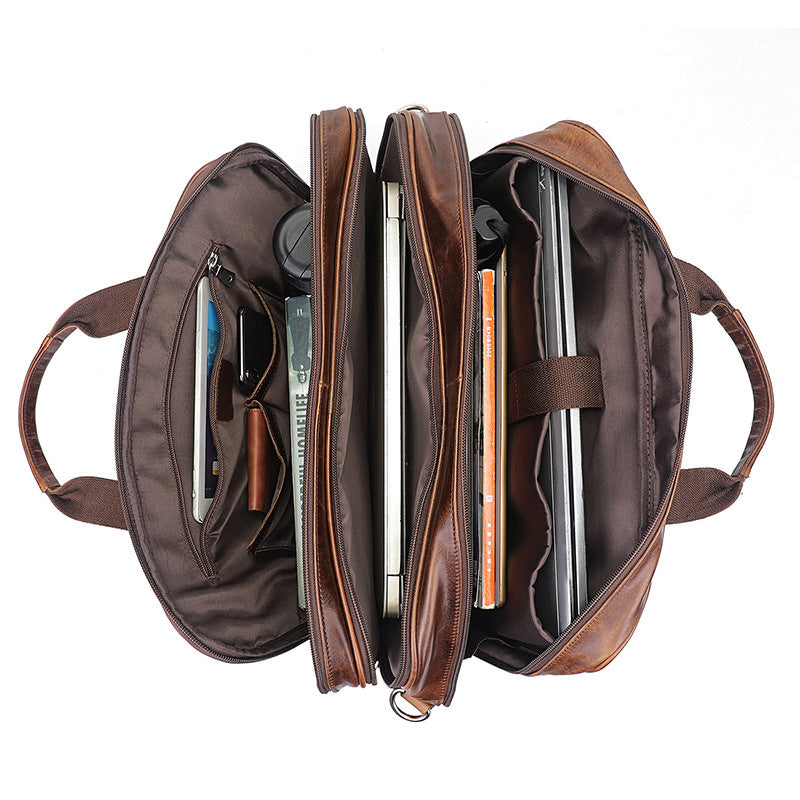 Men's Trendy Light Brown Wax Leather Shoulder Bag 43cm Large Waterproof