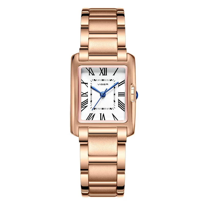 Vagran Needle Women's Retro Small Square Watch - Silver & Rose Gold, 24mm Dial