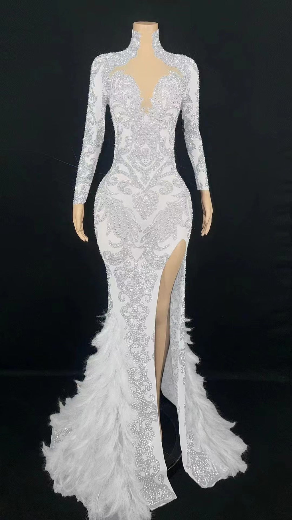 Women's Beaded Feather Long Tight Jumpsuit Dress