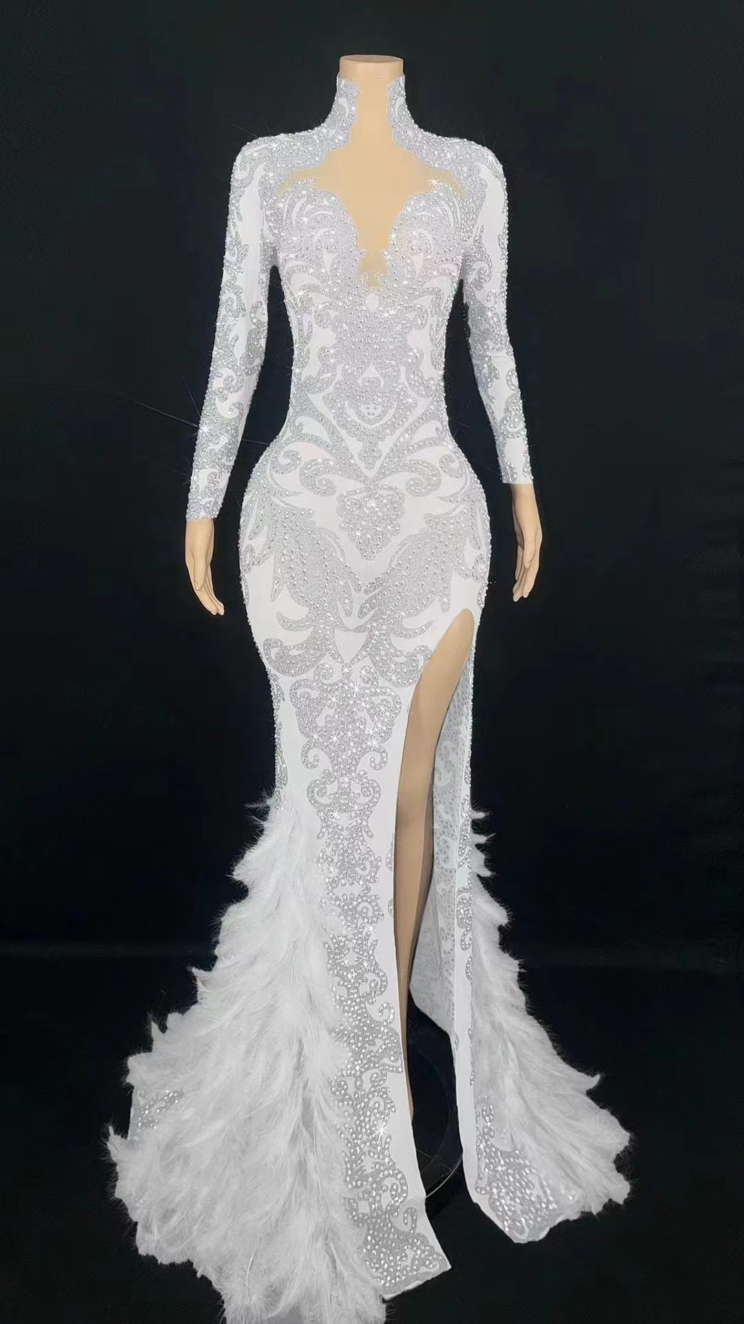 Women's Beaded Feather Long Tight Jumpsuit Dress