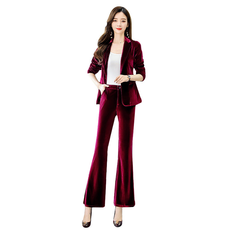Costume de mode professionnel en velours doré, style OL, allure soignée et élégante