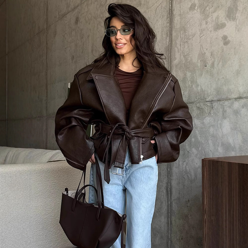 Women’s Brown Short Lace-Up Leather Coat, Sizes S-XL