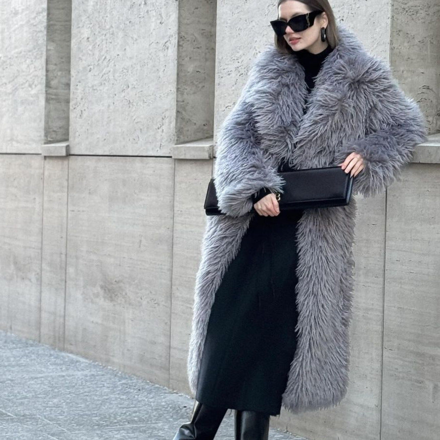 Gray Lapel Plush Coat Warm Thickened Fleece-Lined