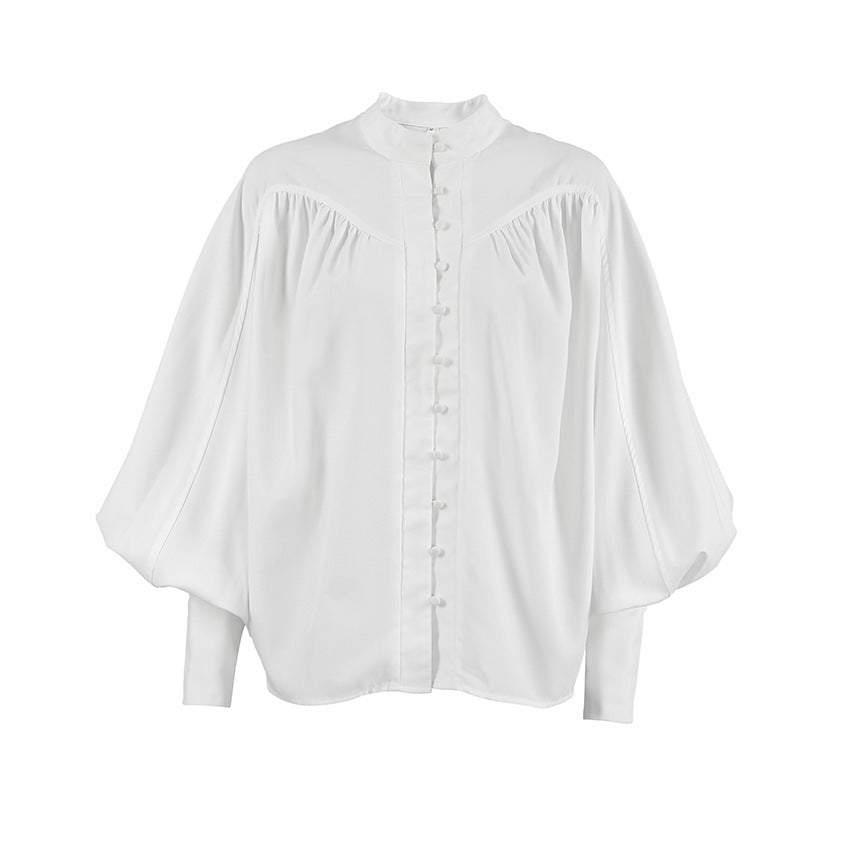 White Casual Small Stand-Up Collar Lantern Sleeve Pleated Shirt