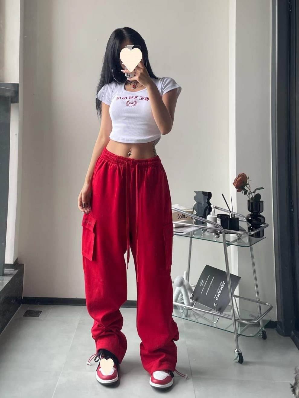 Women's Red High Waist Wide-Leg Pants with Pockets S-2XL
