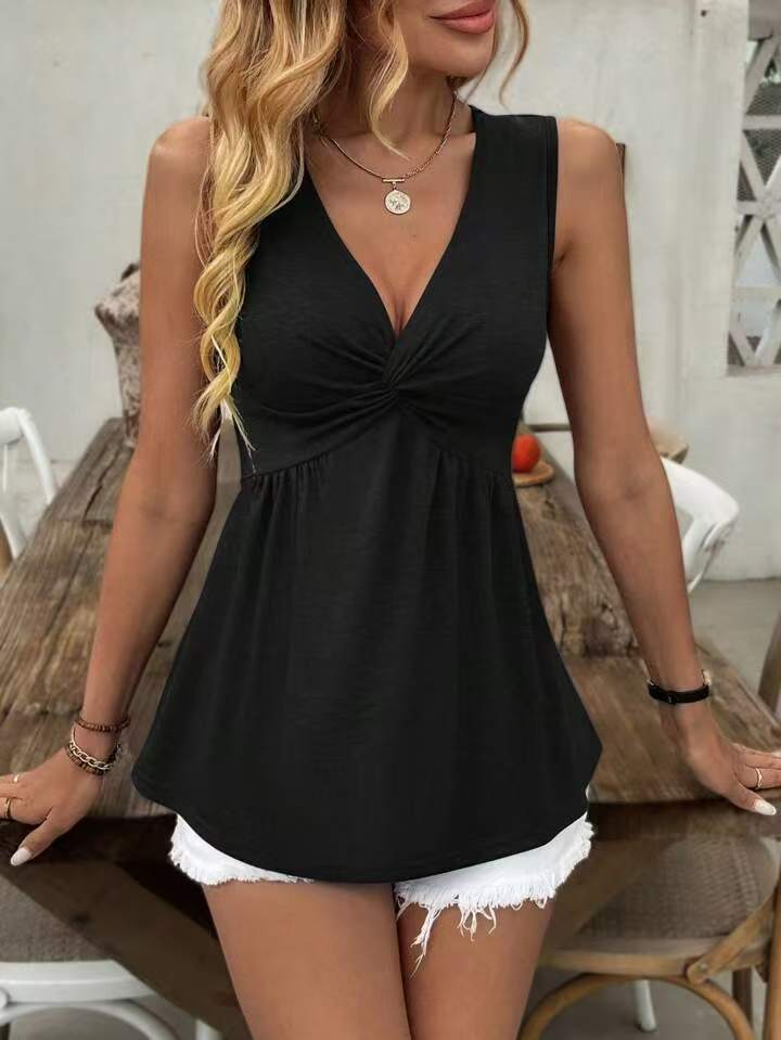 Sleeveless V-Neck Top with Twisted Ruched Waist-Cinching Back Detail