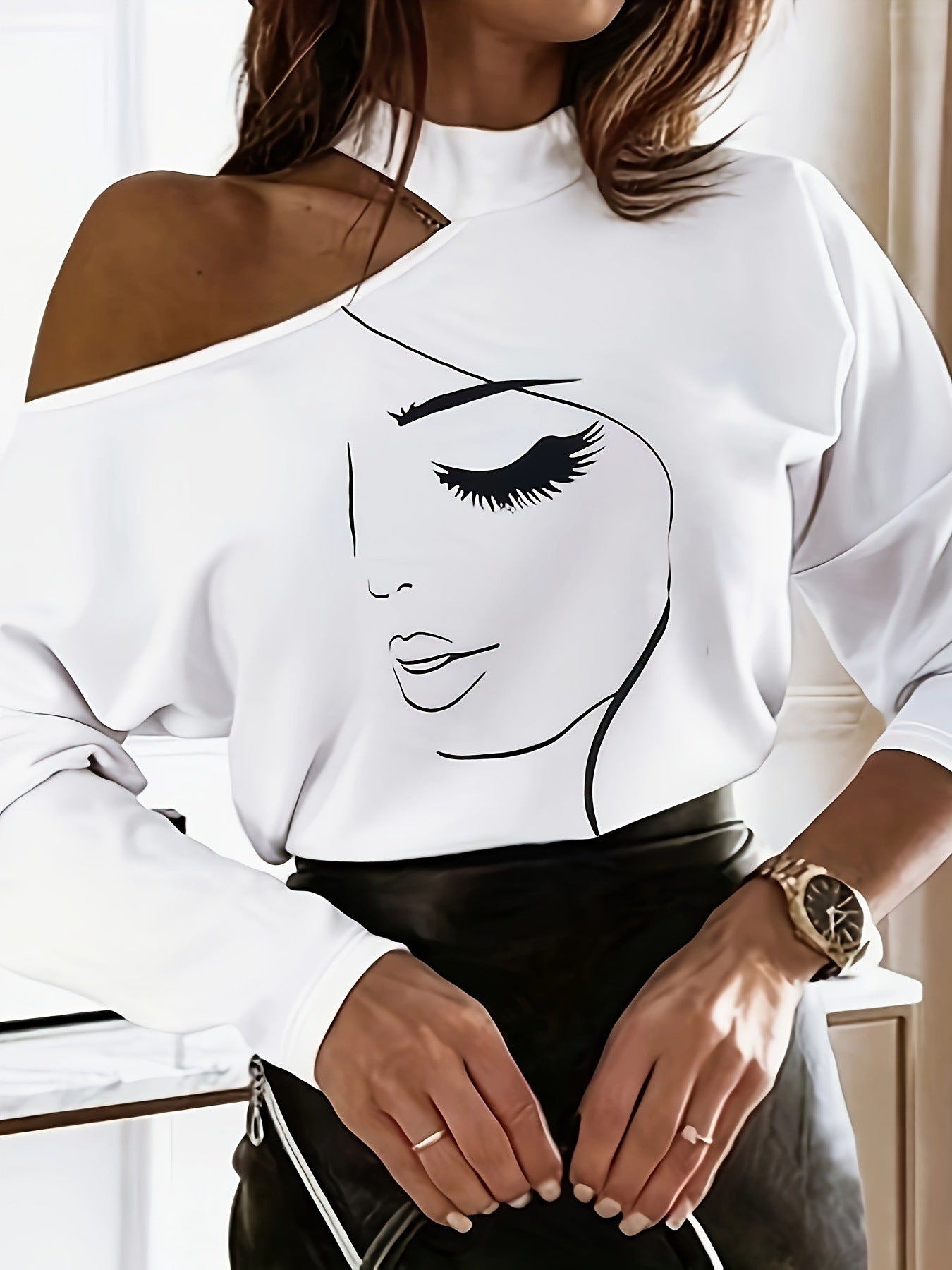 Abstract Printing T-shirt Off-the-shoulder Top For Women